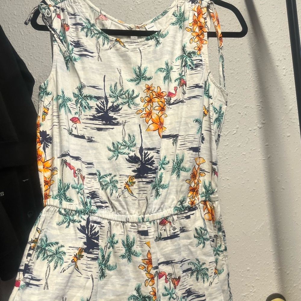 Old Navy White Romper with Green Palm & Orange Floral Accents